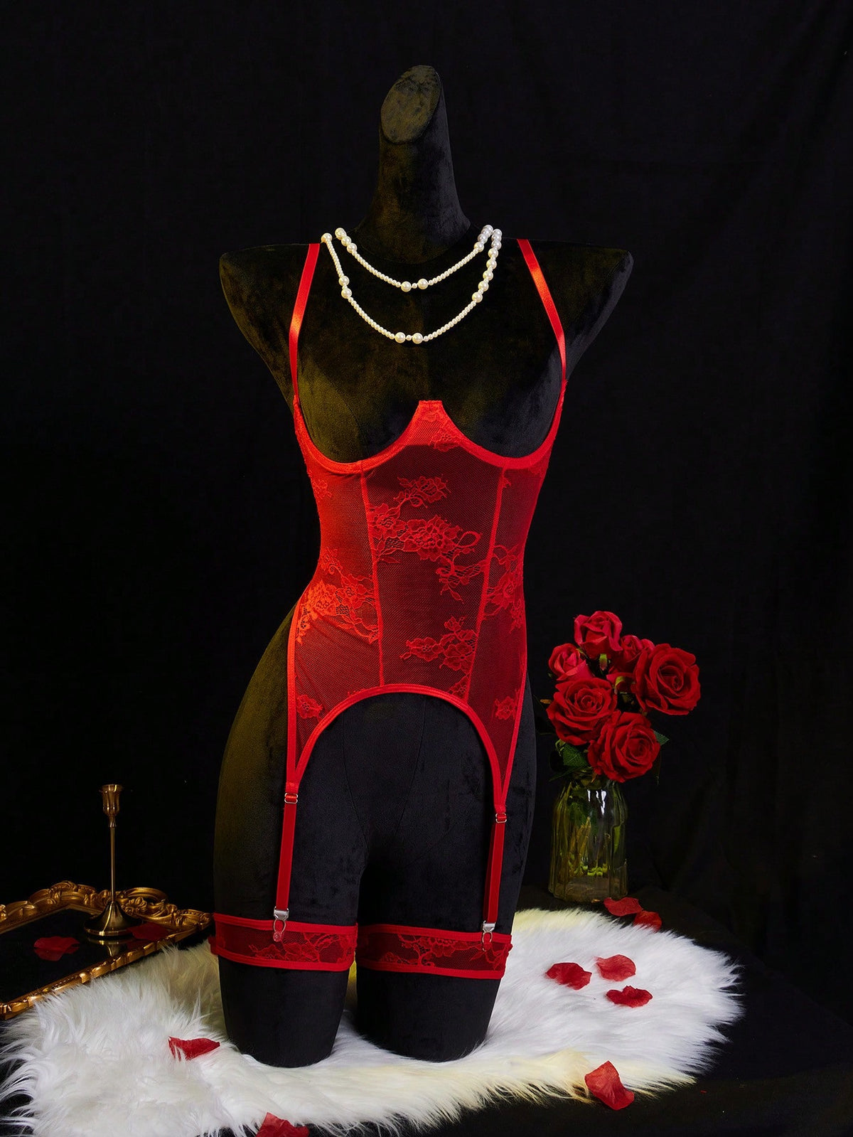 Women's lace bralette set featuring a hollow-out chest design, contrast lace detailing, underwire longline bra, adjustable straps, and low-rise V-string panty.