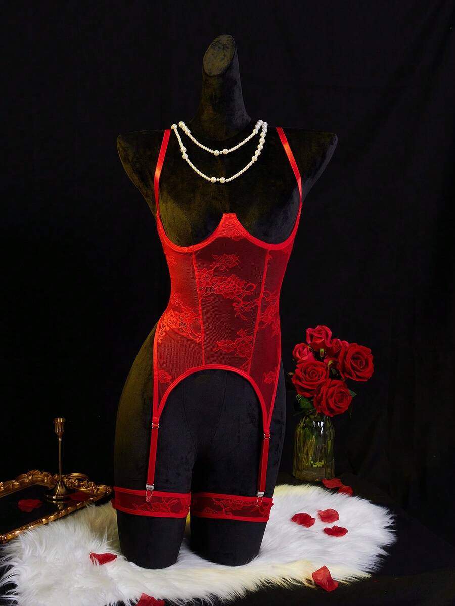 Women's lace bralette set featuring a hollow-out chest design, contrast lace detailing, underwire longline bra, adjustable straps, and low-rise V-string panty.