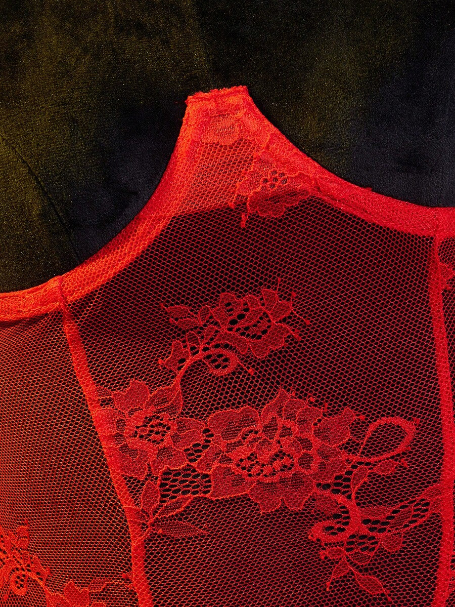 Women's lace bralette set featuring a hollow-out chest design, contrast lace detailing, underwire longline bra, adjustable straps, and low-rise V-string panty.