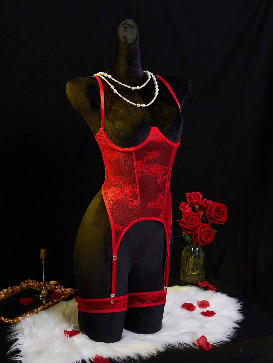 Women's lace bralette set featuring a hollow-out chest design, contrast lace detailing, underwire longline bra, adjustable straps, and low-rise V-string panty.