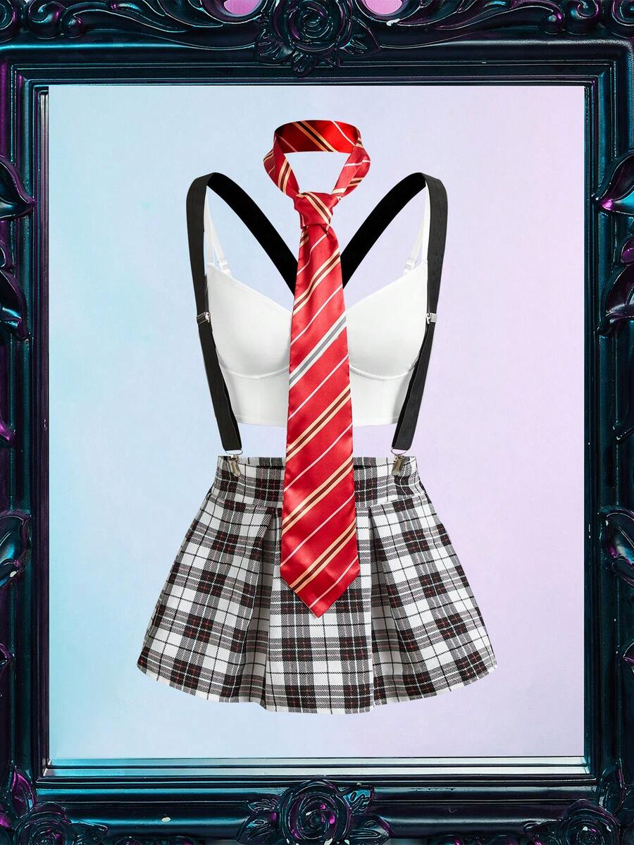 Multicolor plaid skirt costume set for women featuring a short unlined skirt, adjustable straps, and camisole design for private parties.