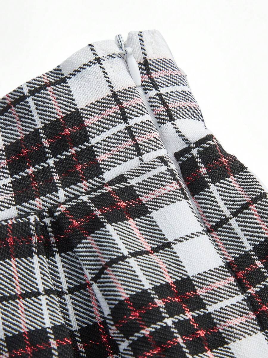 Multicolor plaid skirt costume set for women featuring a short unlined skirt, adjustable straps, and camisole design for private parties.