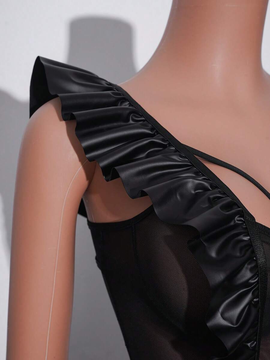Women's black sheer teddy lingerie with ruffle trim and adjustable spaghetti straps.