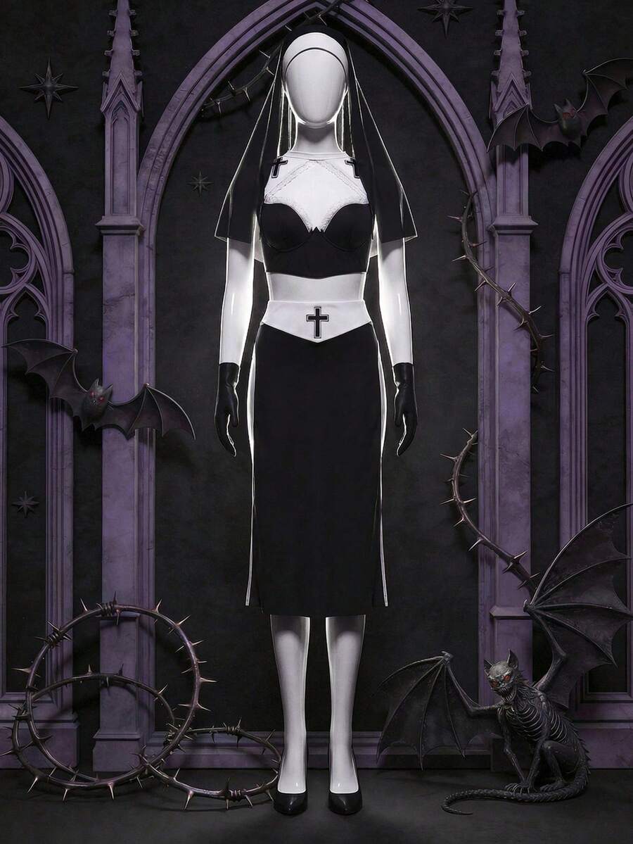 Women's black and white cross lace mesh cosplay lingerie set with spaghetti straps and wireless low-rise design.