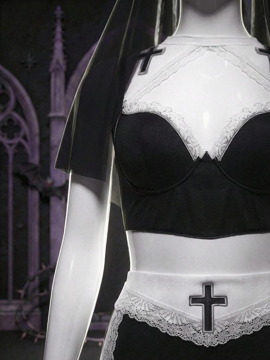 Women's black and white cross lace mesh cosplay lingerie set with spaghetti straps and wireless low-rise design.