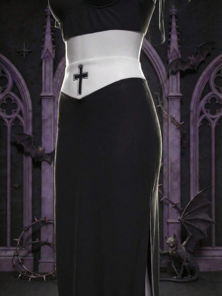 Women's black and white cross lace mesh cosplay lingerie set with spaghetti straps and wireless low-rise design.
