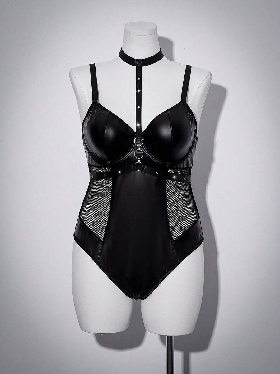 Black plus size mesh patchwork lingerie bodysuit featuring backless ring detail, sheer panels, underwire support, and adjustable spaghetti straps.