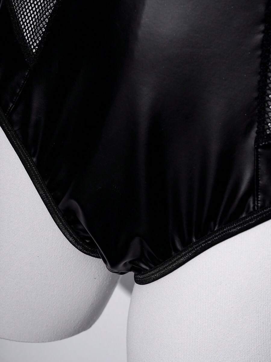 Black plus size mesh patchwork lingerie bodysuit featuring backless ring detail, sheer panels, underwire support, and adjustable spaghetti straps.