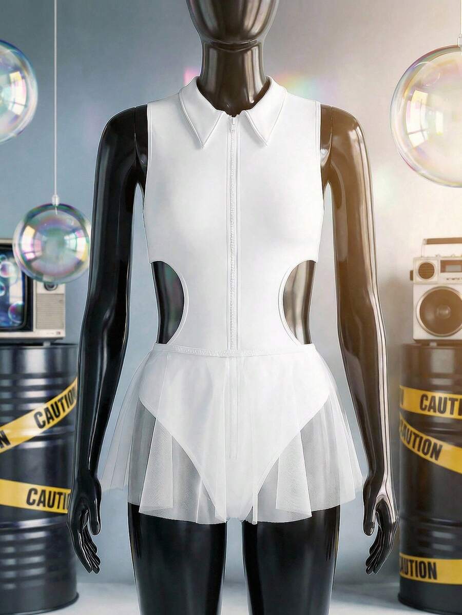 White two-piece women's school girl role play costume set featuring a sleeveless stand collar bodysuit with zipper front and a low-rise pleated skirt.