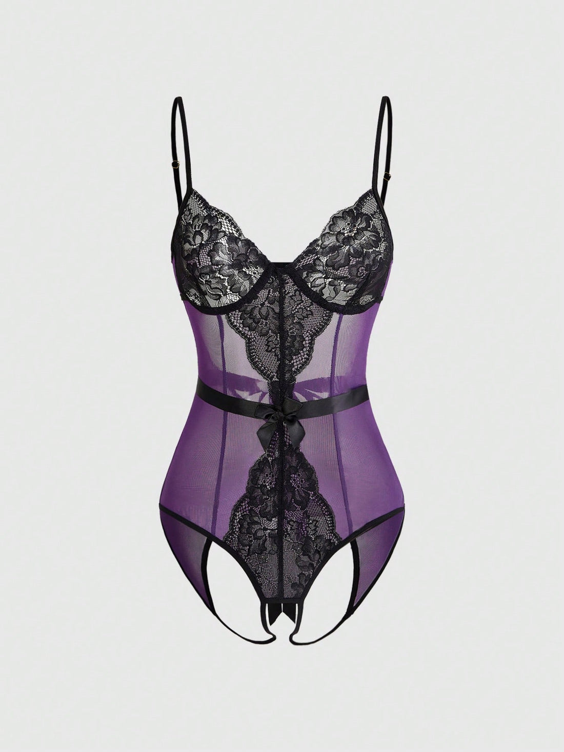 Purple sheer open crotch lingerie bodysuit for women featuring hollow out backless details, underwire cups, and adjustable spaghetti straps.