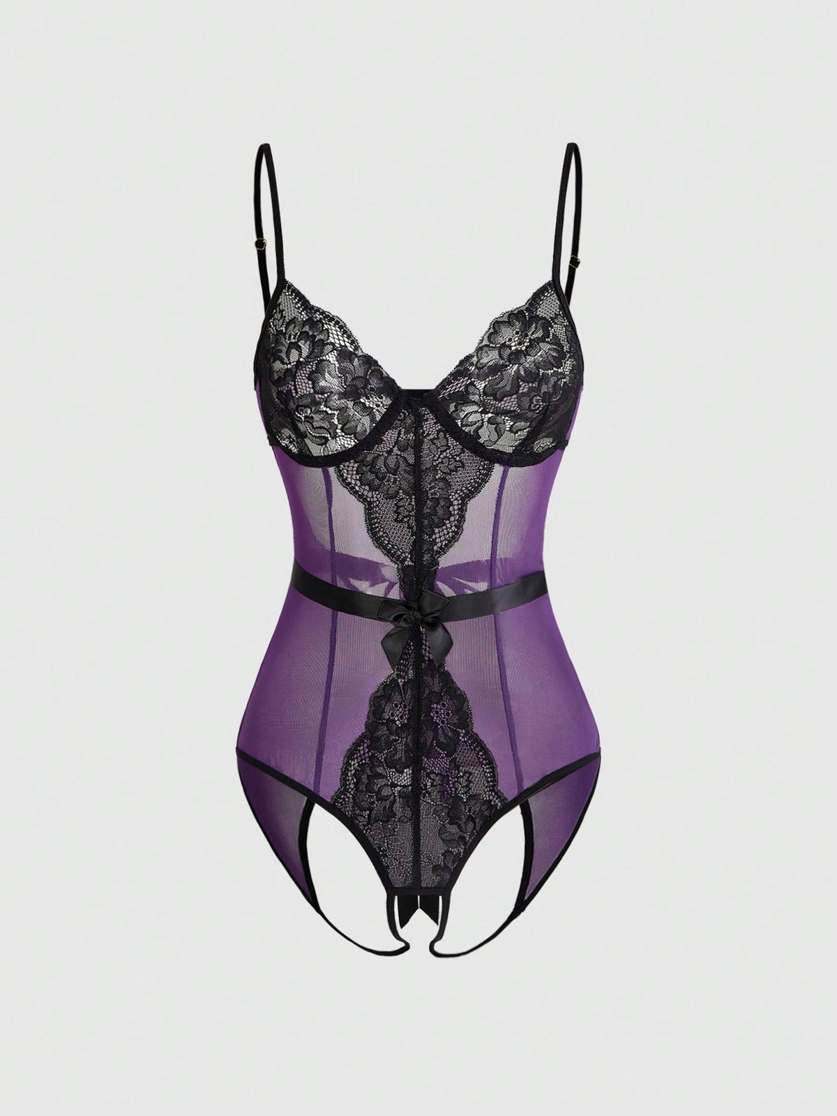 Purple sheer open crotch lingerie bodysuit for women featuring hollow out backless details, underwire cups, and adjustable spaghetti straps.
