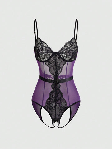 Purple sheer open crotch lingerie bodysuit for women featuring hollow out backless details, underwire cups, and adjustable spaghetti straps.