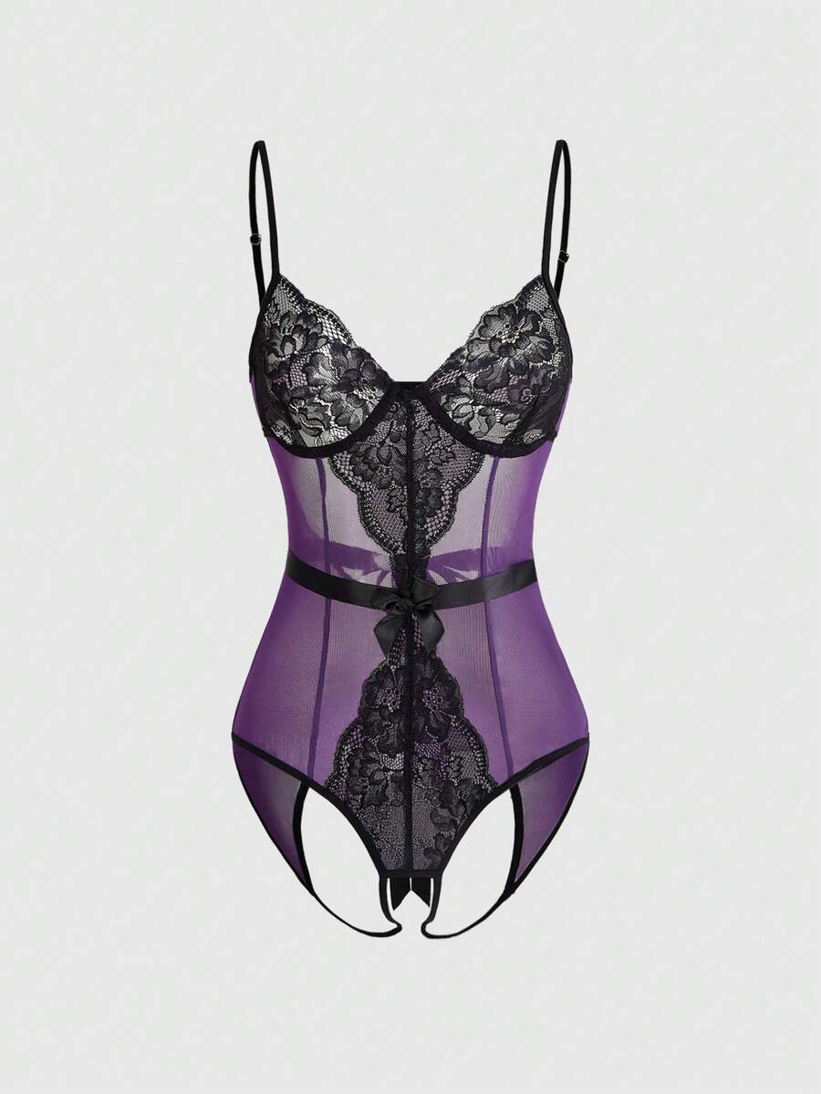 Purple sheer open crotch lingerie bodysuit for women featuring hollow out backless details, underwire cups, and adjustable spaghetti straps.