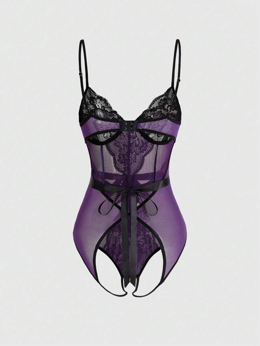 Purple sheer open crotch lingerie bodysuit for women featuring hollow out backless details, underwire cups, and adjustable spaghetti straps.