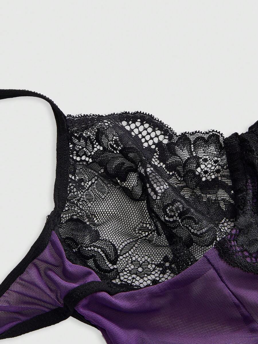 Purple sheer open crotch lingerie bodysuit for women featuring hollow out backless details, underwire cups, and adjustable spaghetti straps.