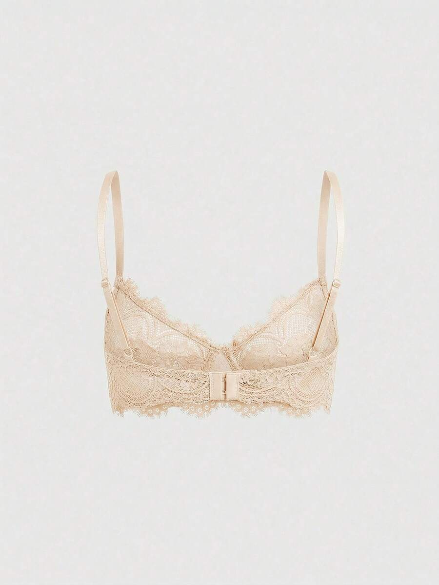 Black sheer floral lace plunge bra featuring underwire support, unlined triangle cups, adjustable straps, and a backless design for women.