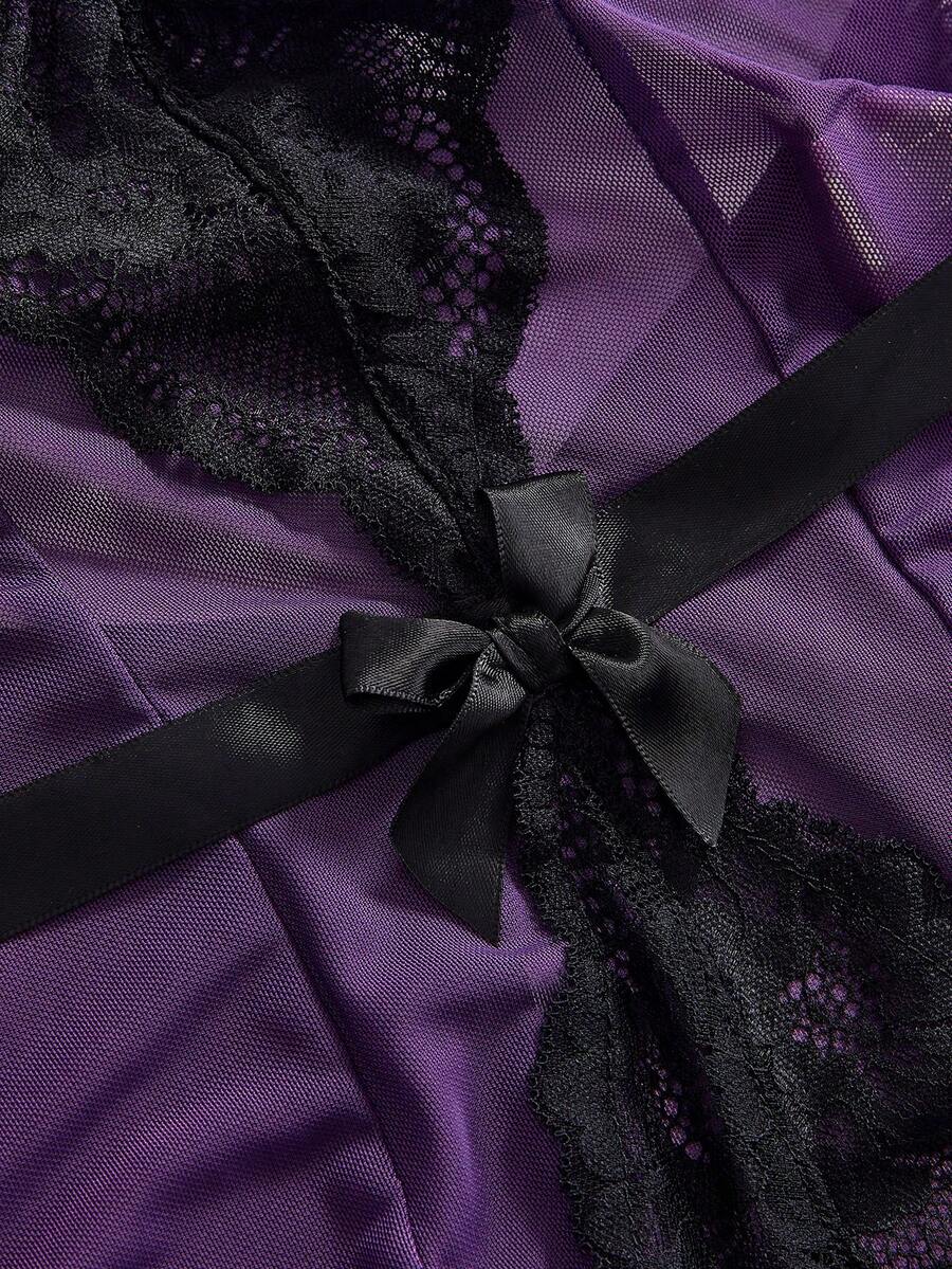 Purple sheer open crotch lingerie bodysuit for women featuring hollow out backless details, underwire cups, and adjustable spaghetti straps.