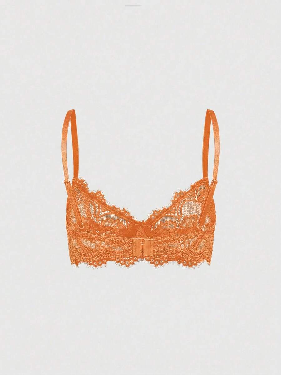 Black sheer floral lace plunge bra featuring underwire support, unlined triangle cups, adjustable straps, and a backless design for women.