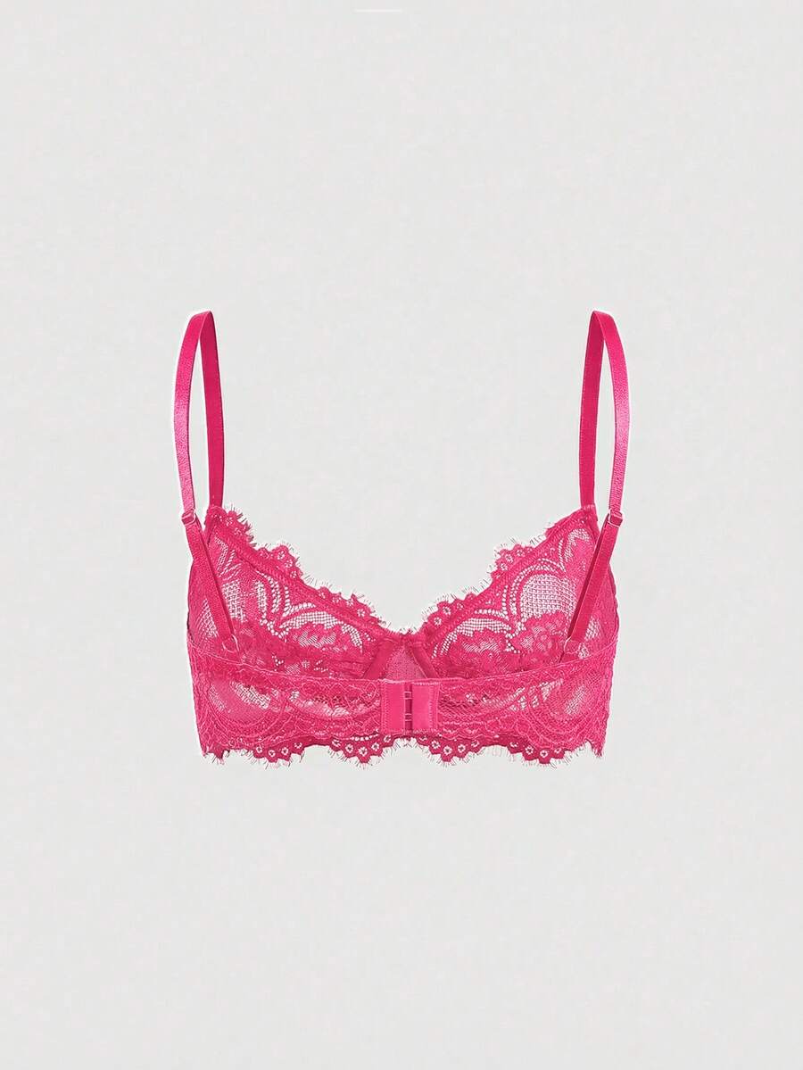 Black sheer floral lace plunge bra featuring underwire support, unlined triangle cups, adjustable straps, and a backless design for women.