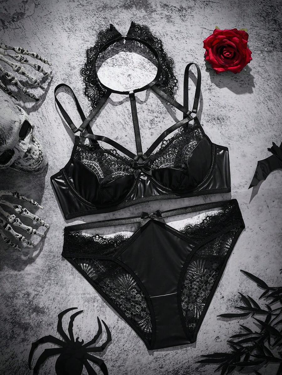 Black lace patchwork lingerie set featuring an underwire bra with adjustable straps, backless detail, and matching mid-rise briefs.