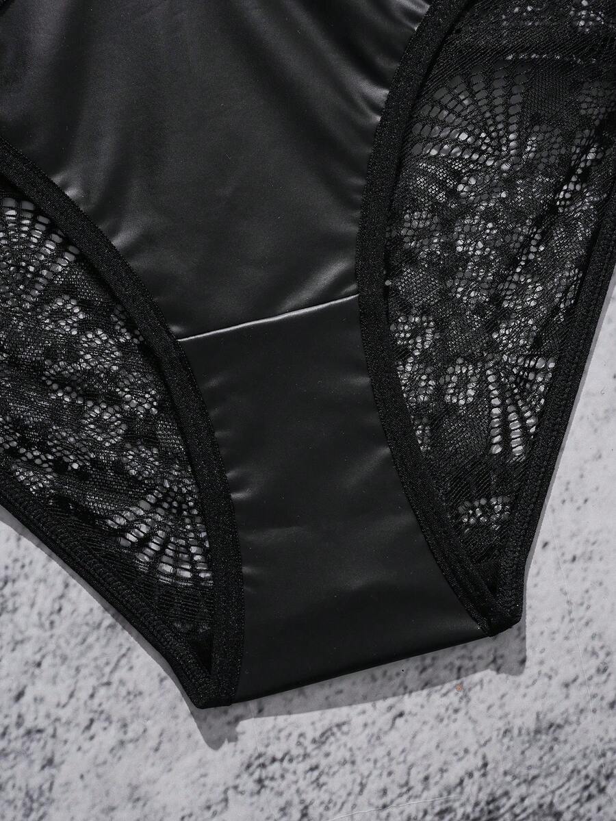 Black lace patchwork lingerie set featuring an underwire bra with adjustable straps, backless detail, and matching mid-rise briefs.