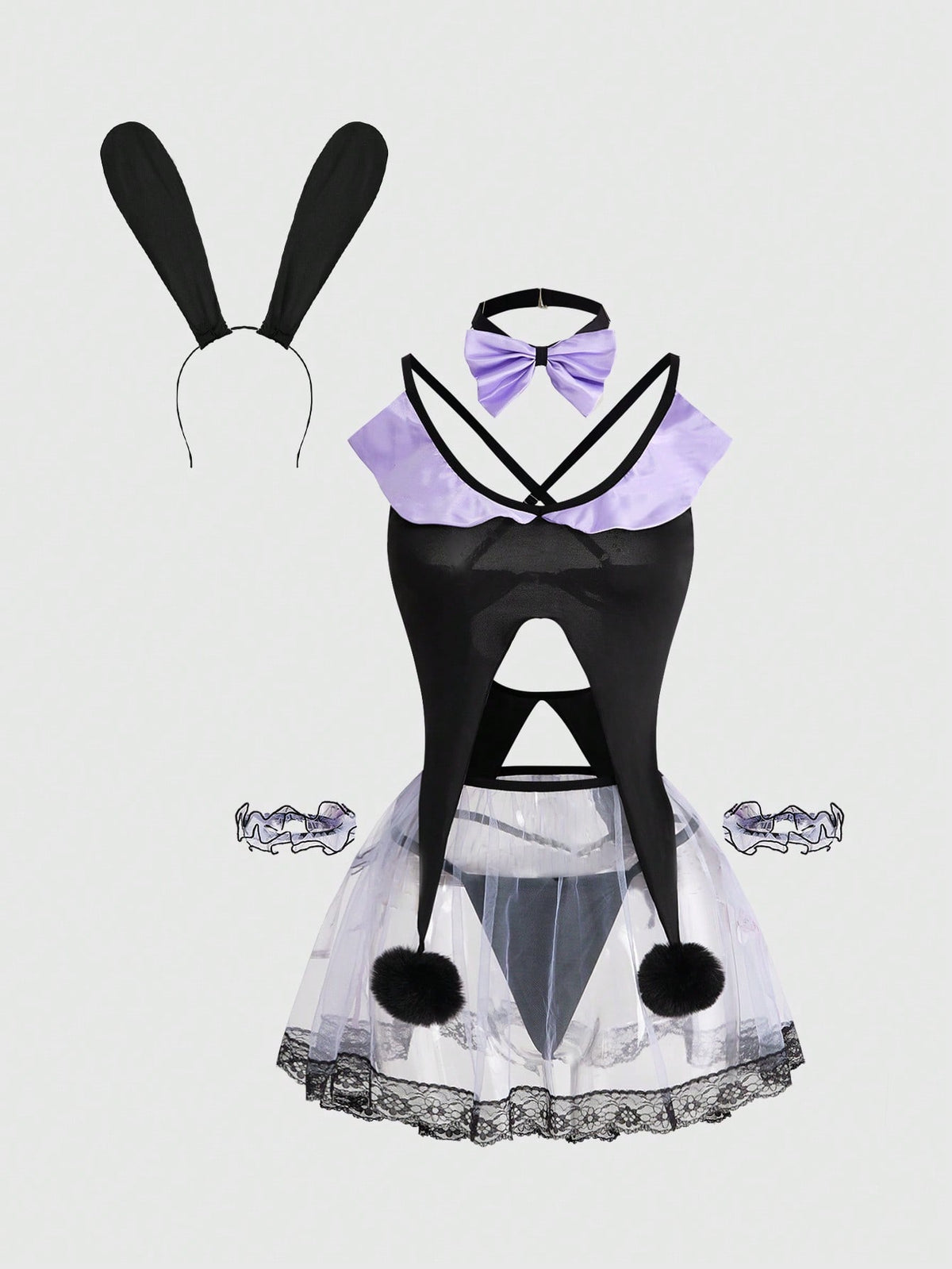 Black 7-piece Gothic bunny girl cosplay lingerie set featuring bunny ears headband, bowknot collar, mesh arm cuffs, criss-cross top, mini skirt, and thong panty