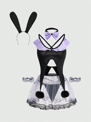 Black 7-piece Gothic bunny girl cosplay lingerie set featuring bunny ears headband, bowknot collar, mesh arm cuffs, criss-cross top, mini skirt, and thong panty