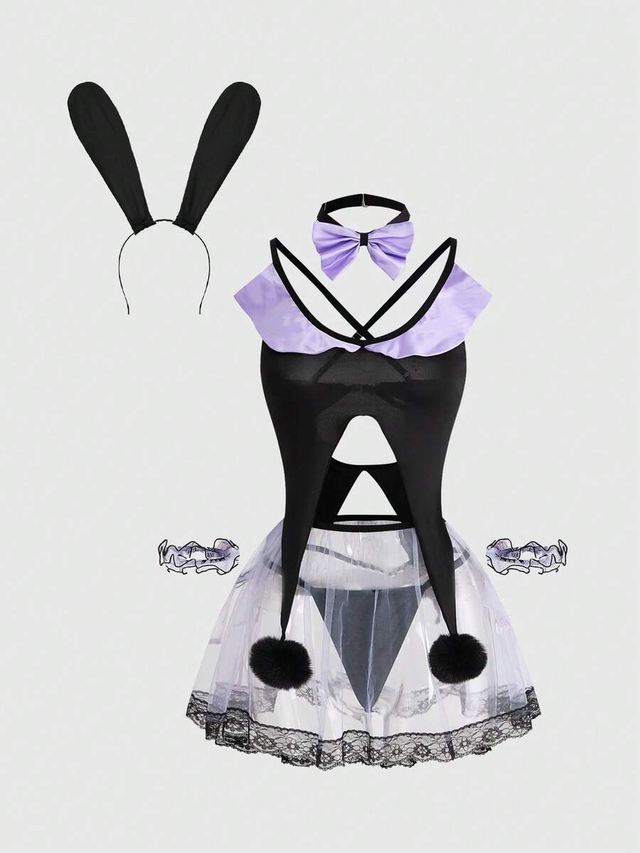 Black 7-piece Gothic bunny girl cosplay lingerie set featuring bunny ears headband, bowknot collar, mesh arm cuffs, criss-cross top, mini skirt, and thong panty