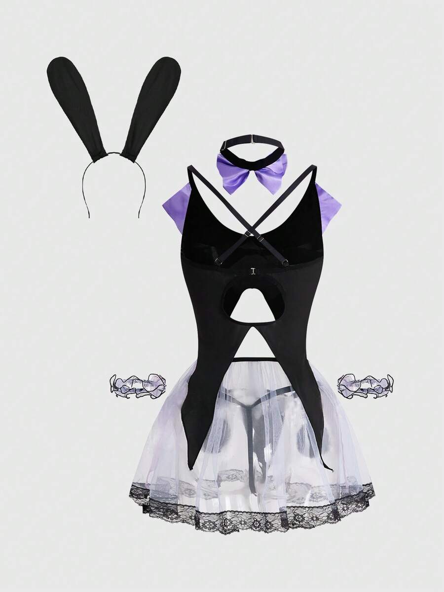 Black 7-piece Gothic bunny girl cosplay lingerie set featuring bunny ears headband, bowknot collar, mesh arm cuffs, criss-cross top, mini skirt, and thong panty