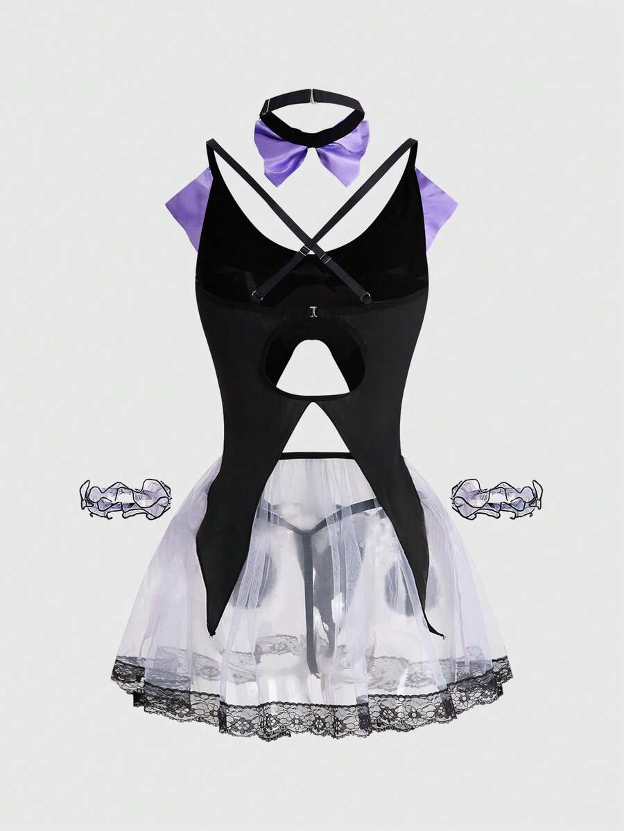 Black 7-piece Gothic bunny girl cosplay lingerie set featuring bunny ears headband, bowknot collar, mesh arm cuffs, criss-cross top, mini skirt, and thong panty