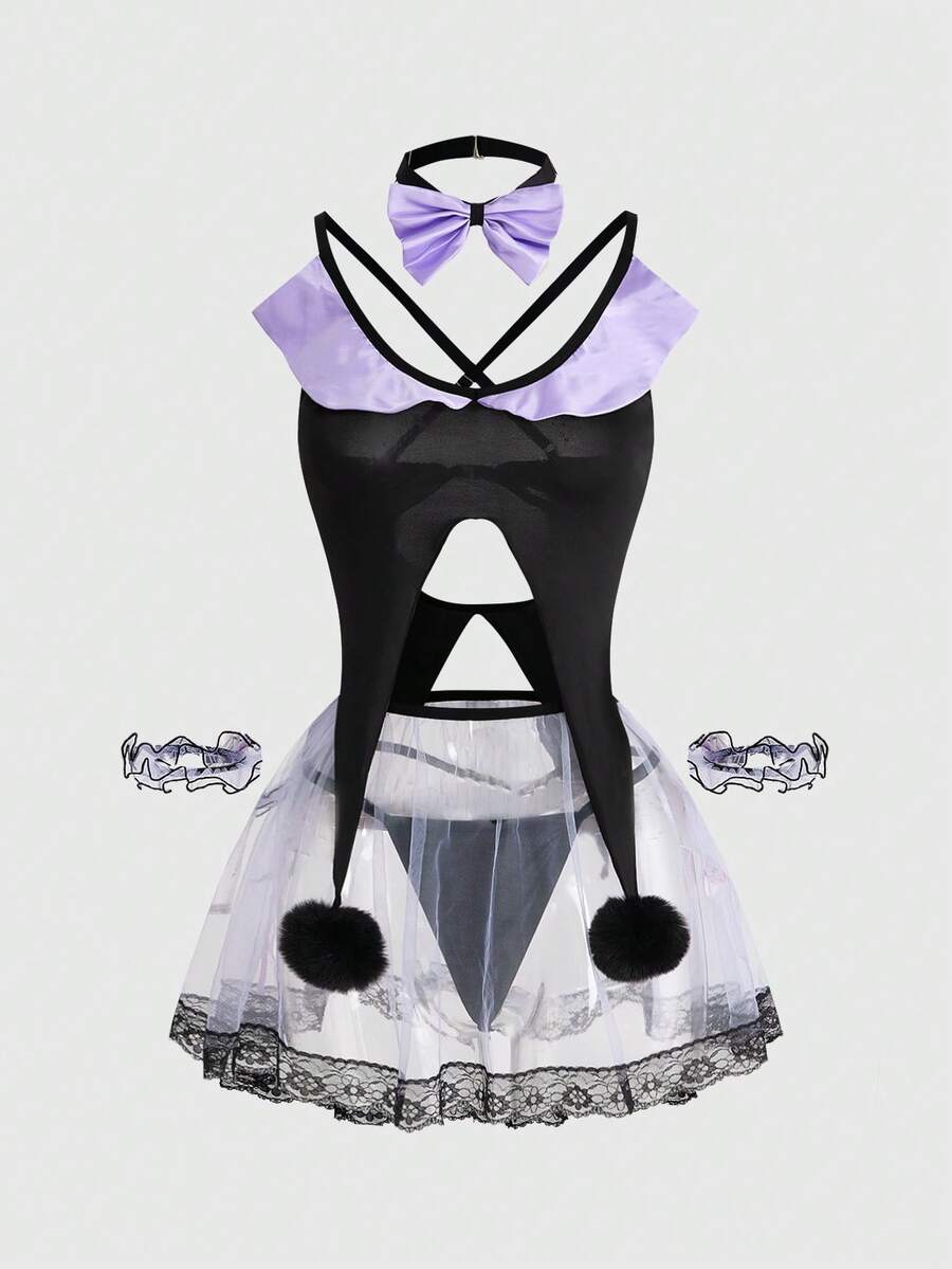 Black 7-piece Gothic bunny girl cosplay lingerie set featuring bunny ears headband, bowknot collar, mesh arm cuffs, criss-cross top, mini skirt, and thong panty