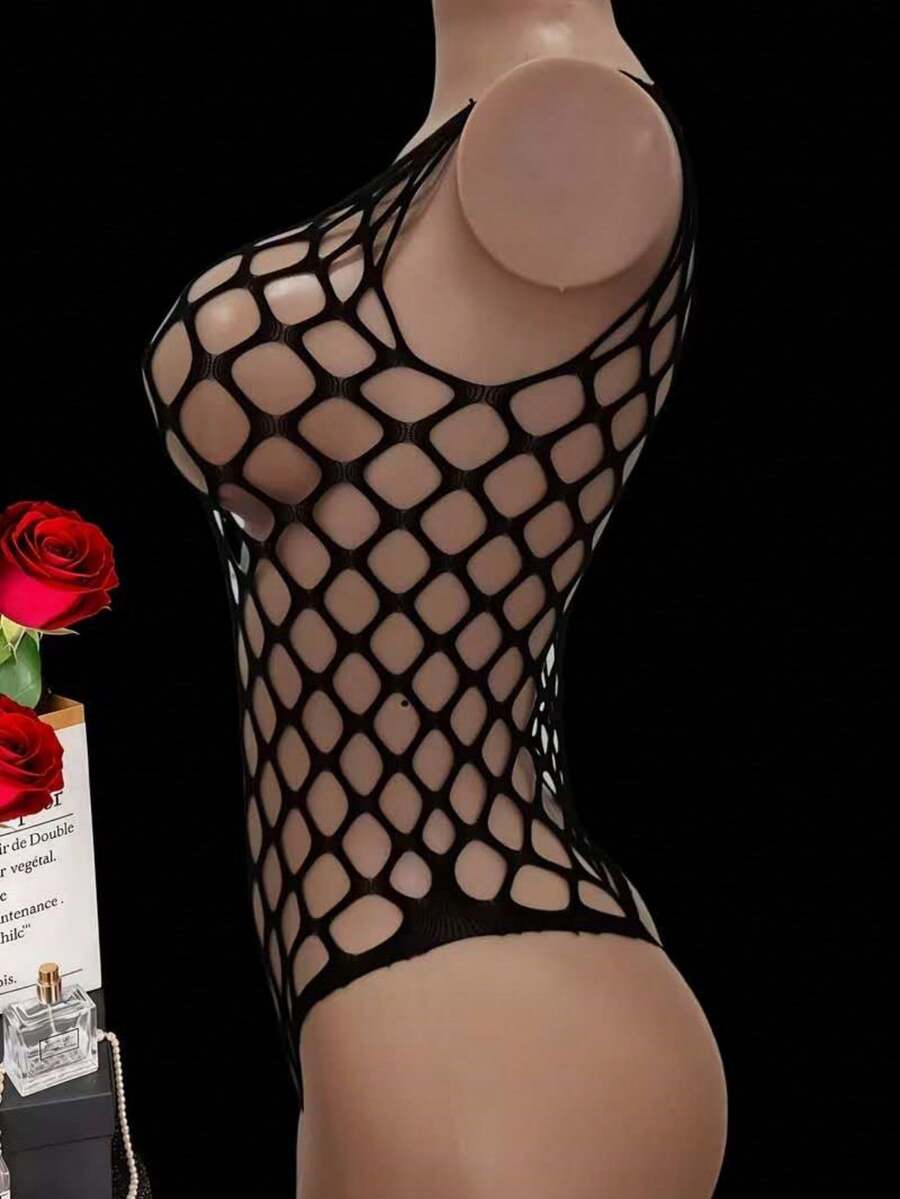 Black sheer fishnet jumpsuit lingerie for women featuring a halter neck, cut-out backless design, and crossback straps.