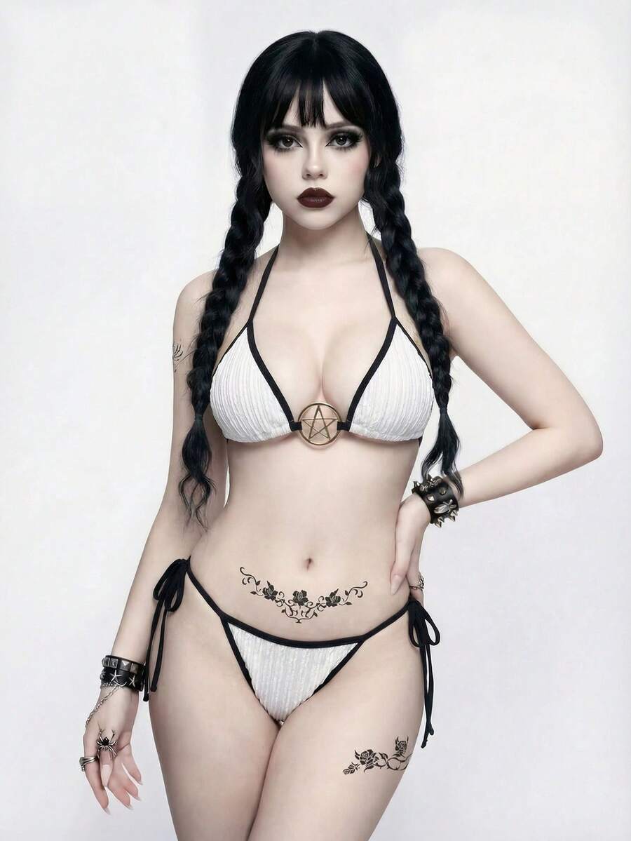 White two-piece gothic bikini set for women featuring pentagram metal decor, backless wireless bra with removable padding, and low waist bikini bottoms.