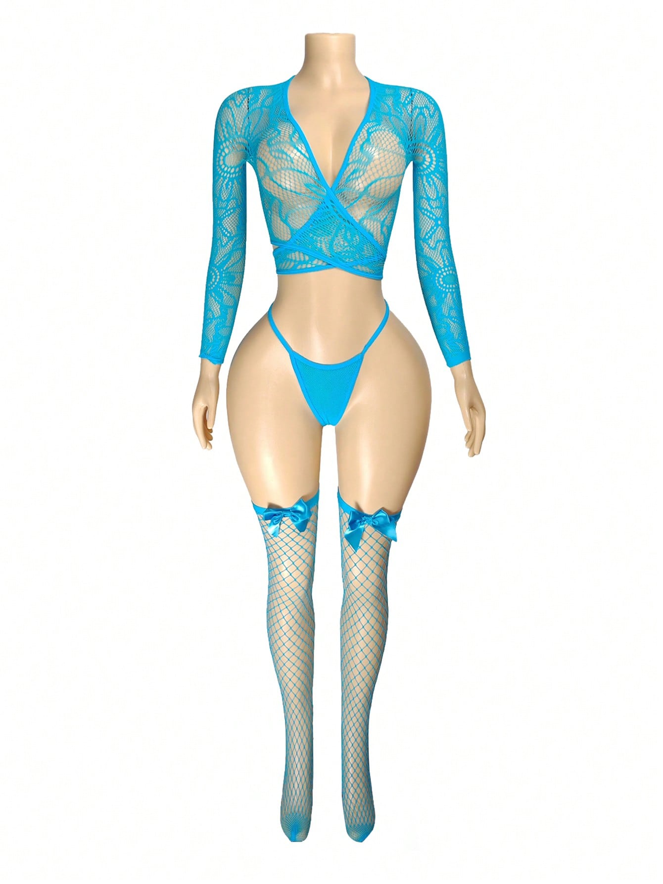 Women's Christmas lingerie set in red with sheer mesh bodysuit, backless design, deep V neckline, adjustable straps, and matching stockings.