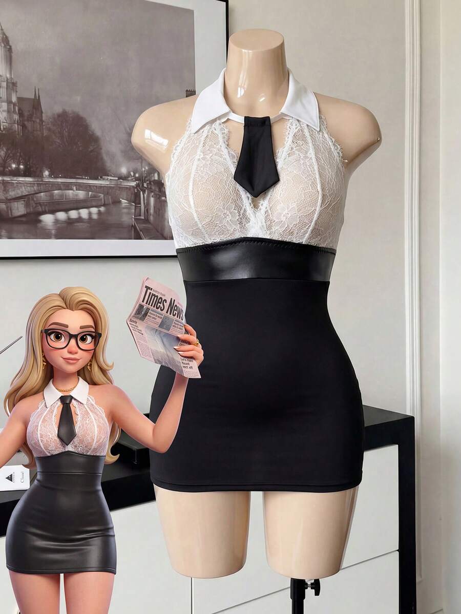 Women's black and white lace patchwork halter lingerie bodysuit with crossback straps and bow details.