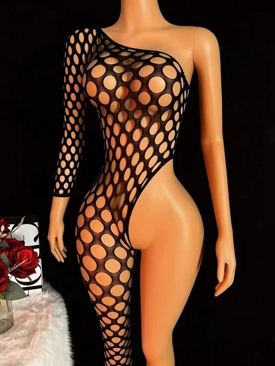 Black sheer hollow-out mesh body stocking for women featuring clear straps, halter neck, cut-out front design, and high stretch unlined knitted fabric.