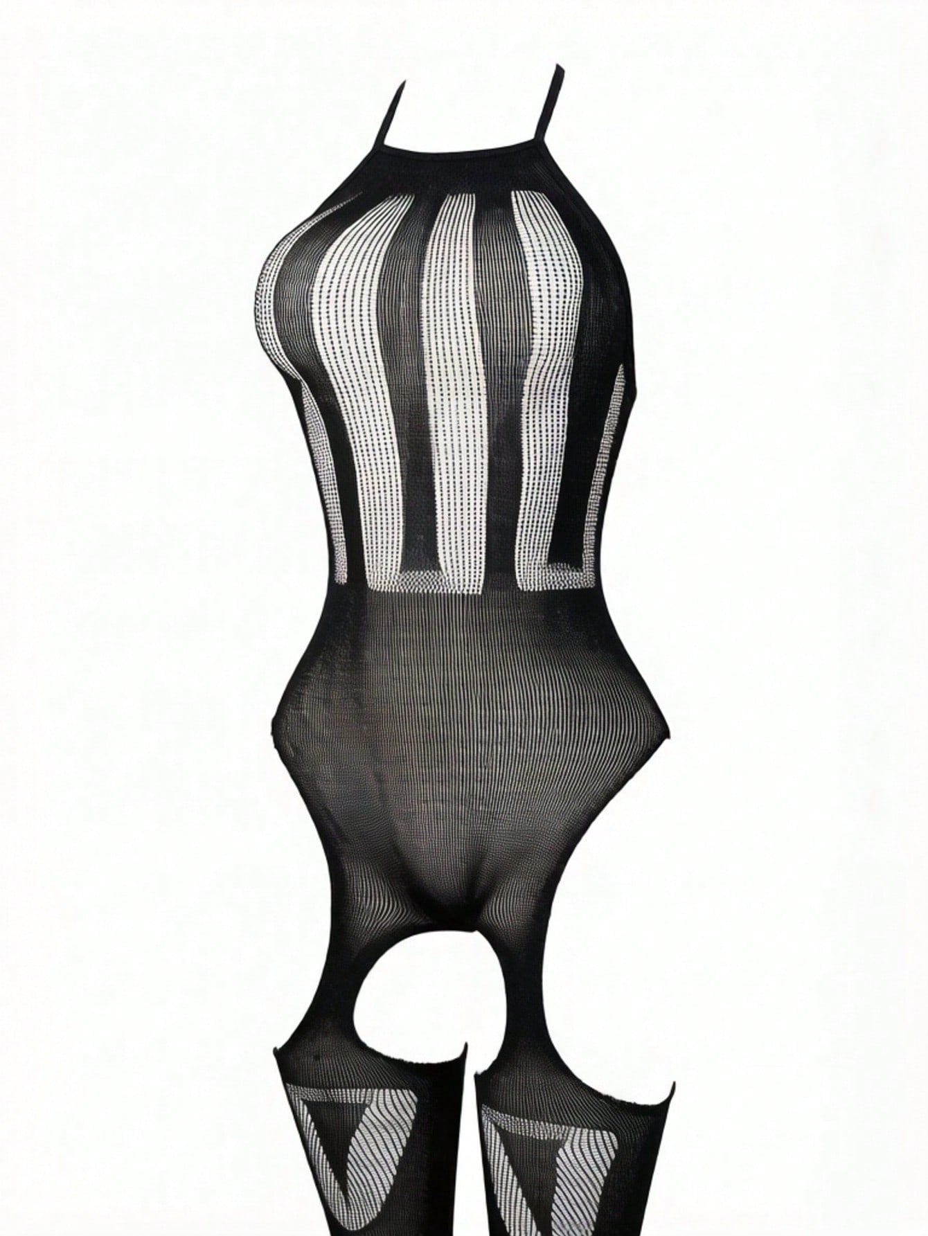 Women's black fishnet lingerie bodysuit with halter neckline, adjustable straps, long sleeves, backless cut-out design, and sheer high-stretch fabric.