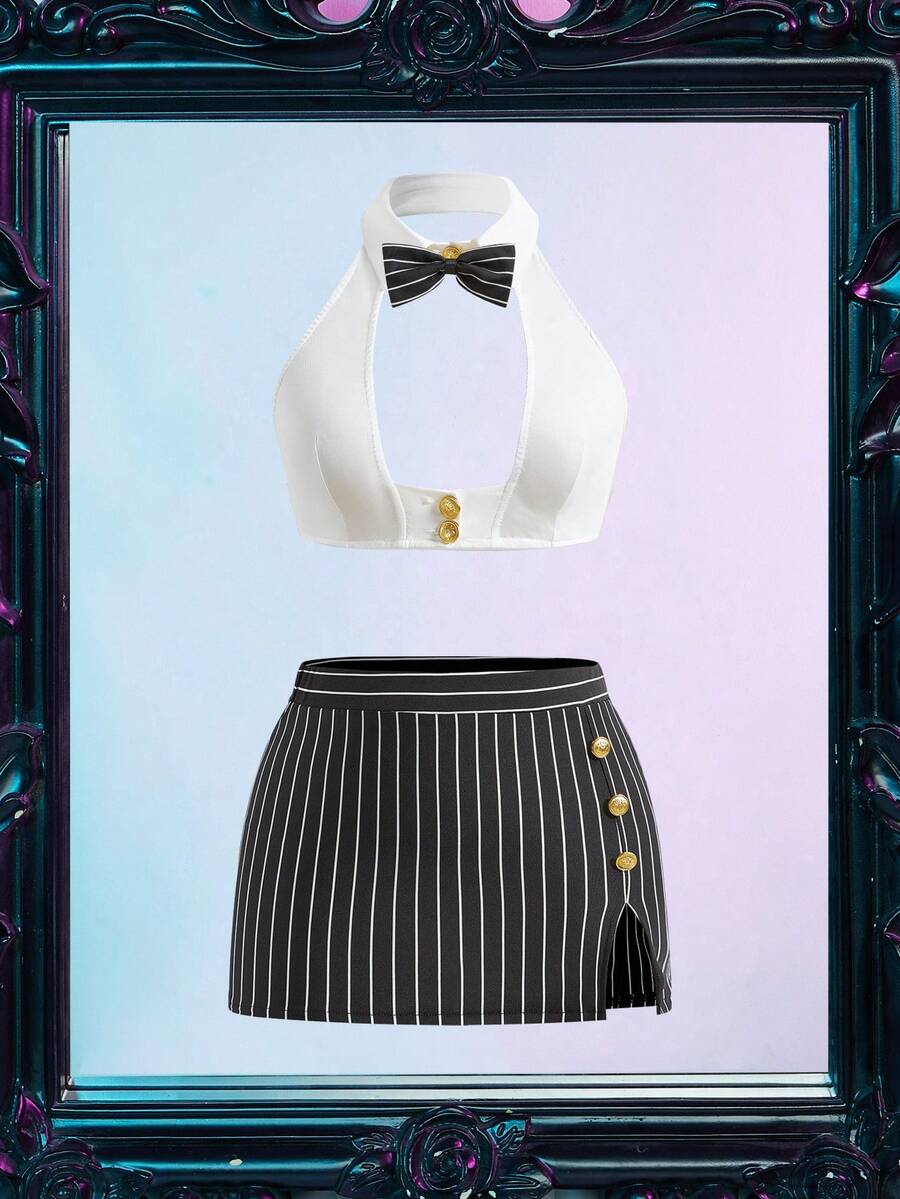Black 4-piece women's secretary stewardess cosplay set featuring a stand collar top with bow and button details, short split skirt, wireless bralette, and thong.