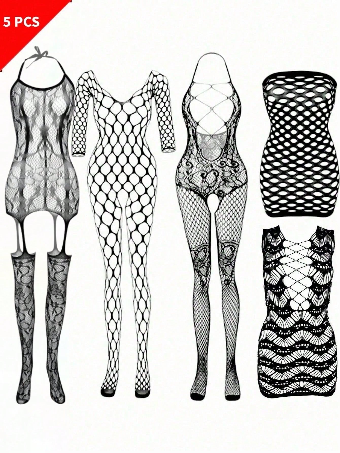 Black 5-piece plus size lingerie set featuring a halter neck fishnet bodysuit with backless cutout mesh design.
