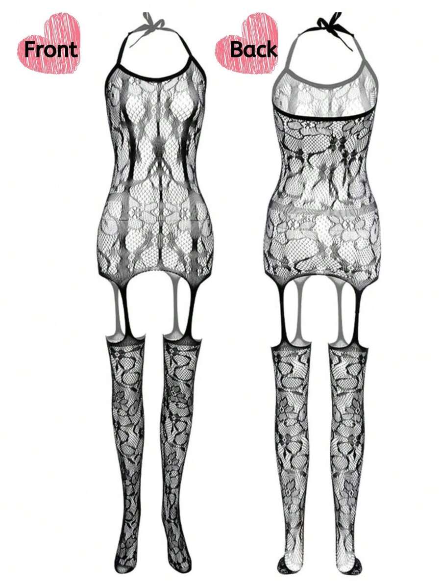 Black 5-piece plus size lingerie set featuring a halter neck fishnet bodysuit with backless cutout mesh design.