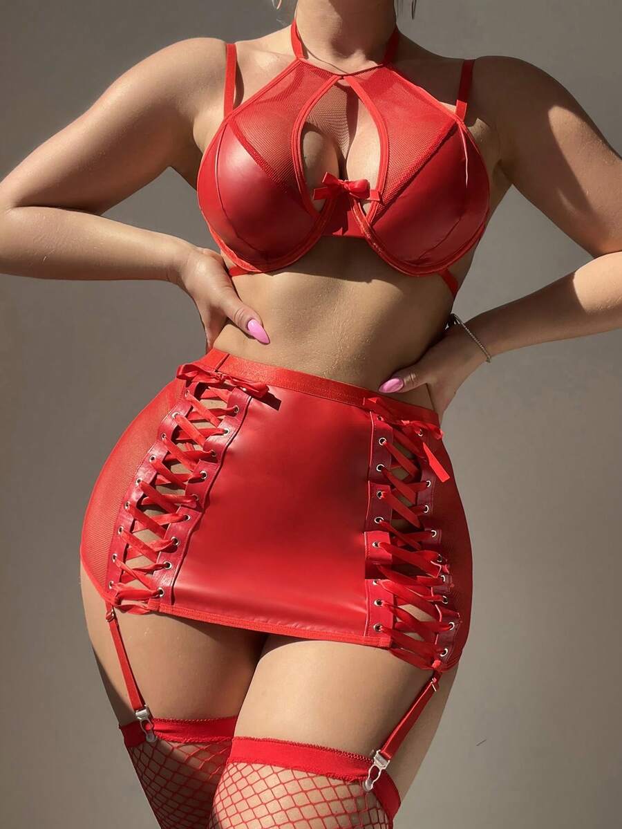 Women's 5-piece mesh patchwork lingerie set featuring sheer contrast mesh, lace-up front details, spaghetti strap bralette, and low rise thong.
