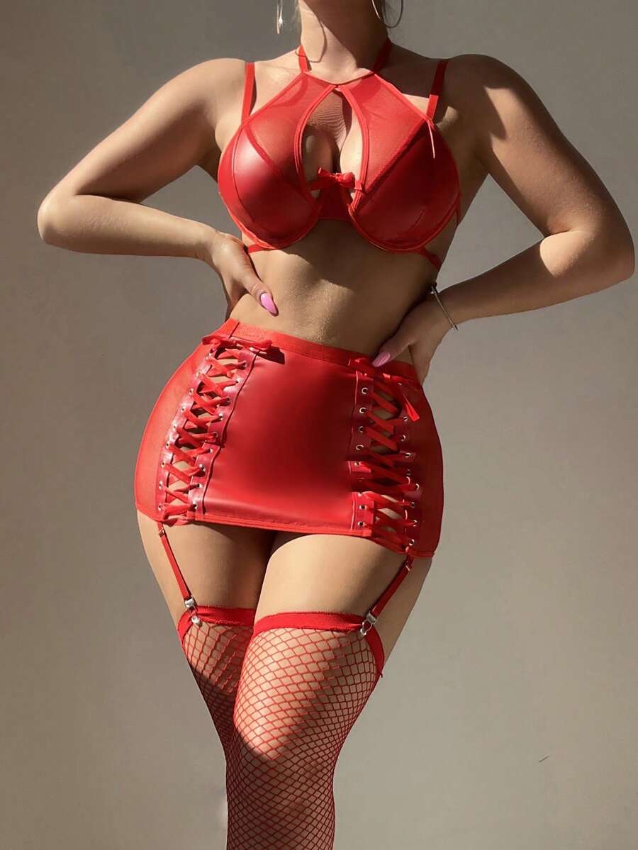 Women's 5-piece mesh patchwork lingerie set featuring sheer contrast mesh, lace-up front details, spaghetti strap bralette, and low rise thong.