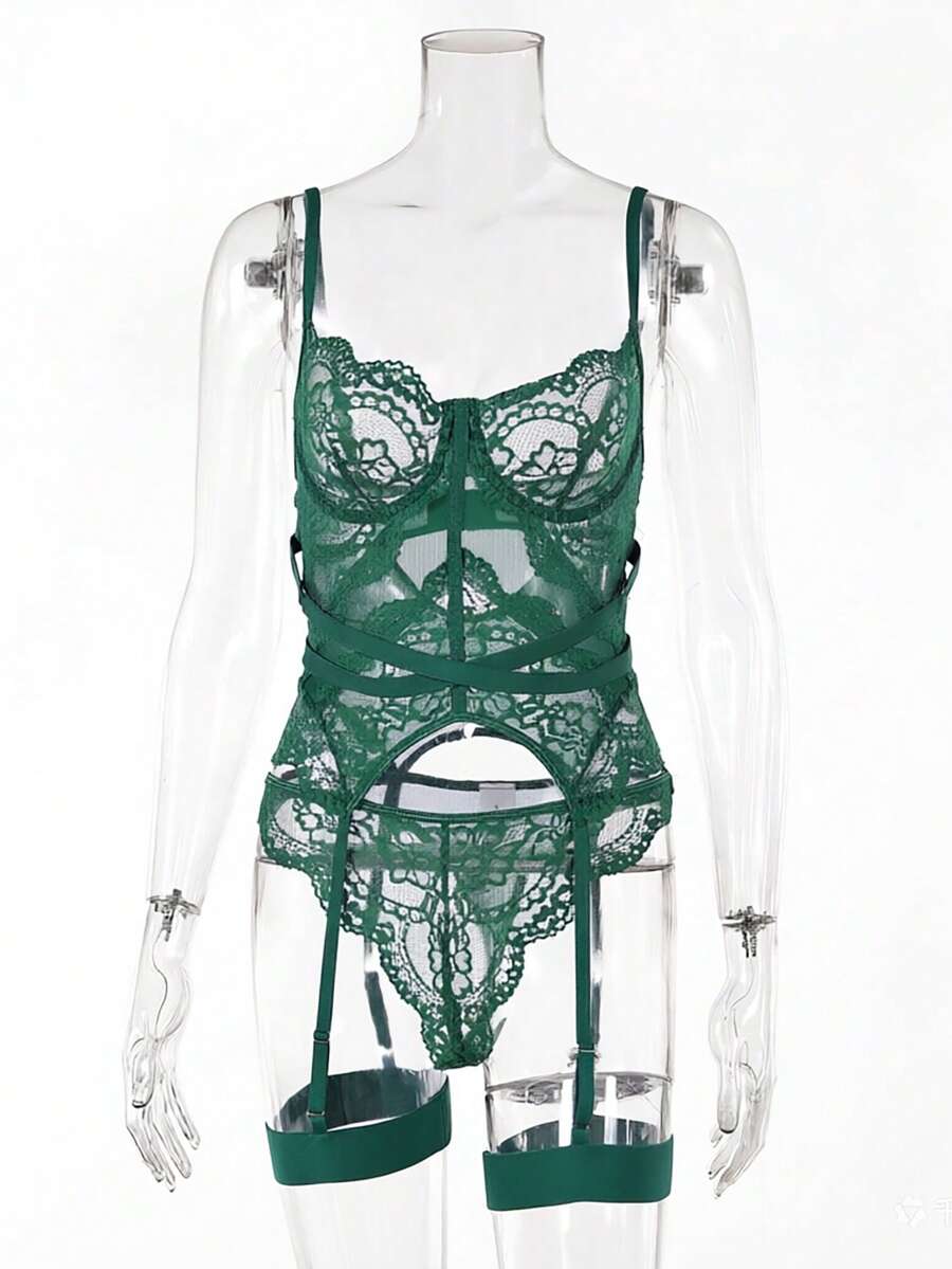 3-piece black lace lingerie set featuring a longline underwire 1/2 cup bra with adjustable spaghetti straps, cut out details, and matching low-rise thong