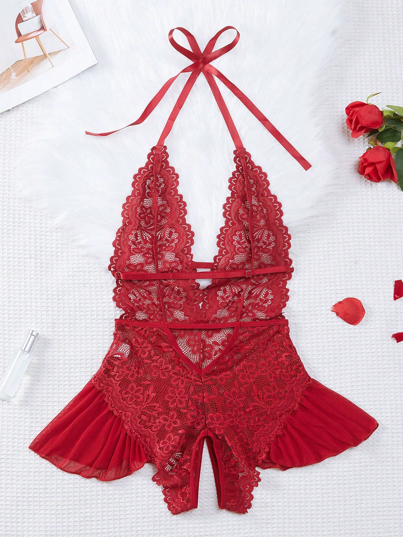 Women's halter lace babydoll lingerie with sheer backless design, crossback straps, wireless triangle bra, exaggerated ruffle detail, and V-string panty