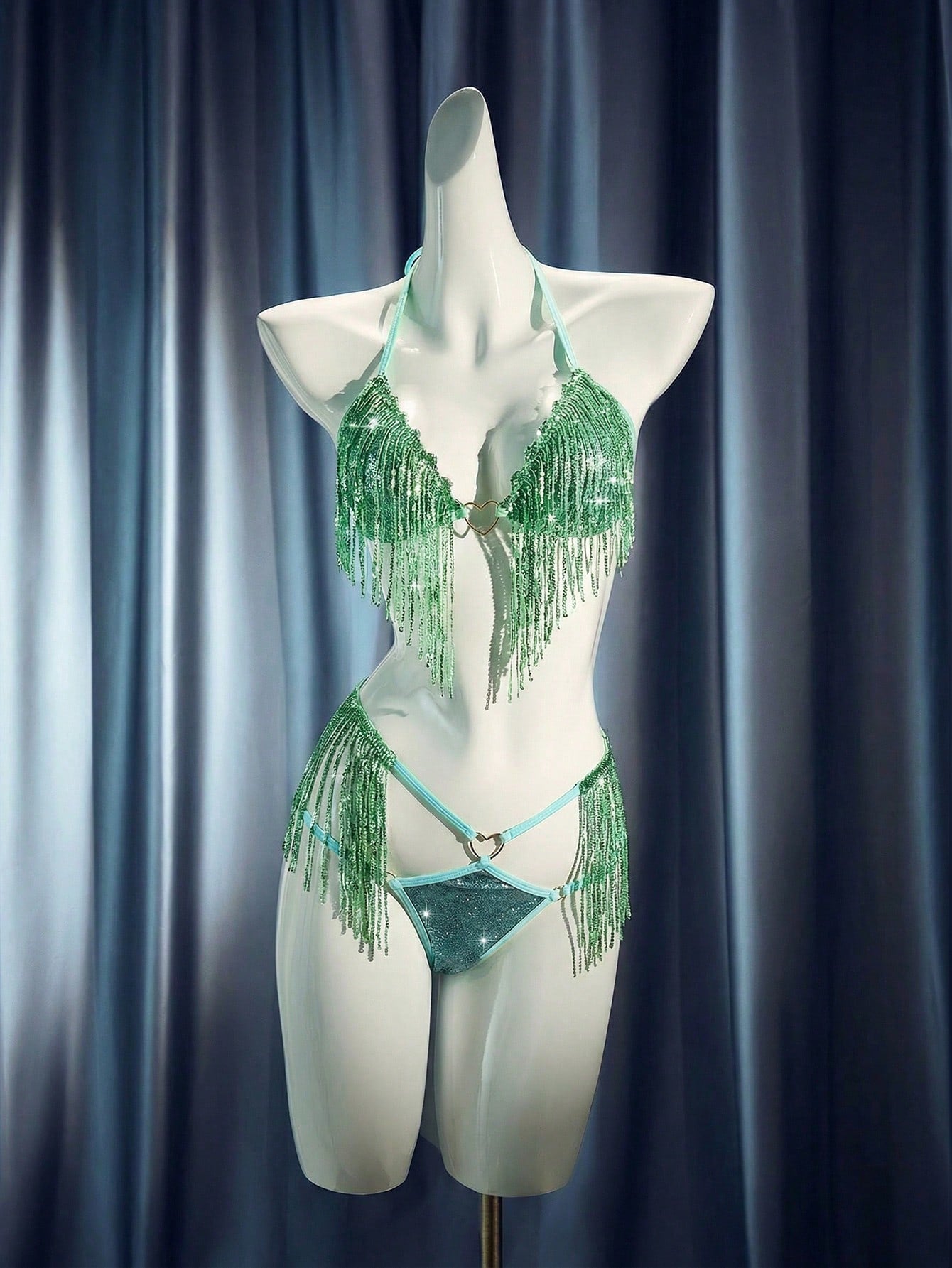 Women's 2-piece sexy lingerie set with sequin tassel accents, contrast lace, halter wireless bralette, adjustable straps, backless design, and matching thong bottom.