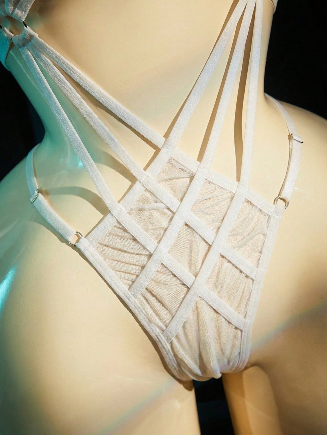 Women's black sheer mesh bodysuit with halter neckline, backless design, wireless fit, and plain finish.