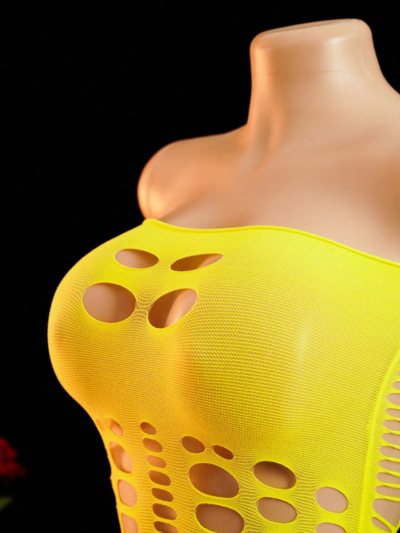 Women's sheer mesh lingerie jumpsuit in yellow with a strapless bandeau neckline, sleeveless design, and high-stretch fabric.