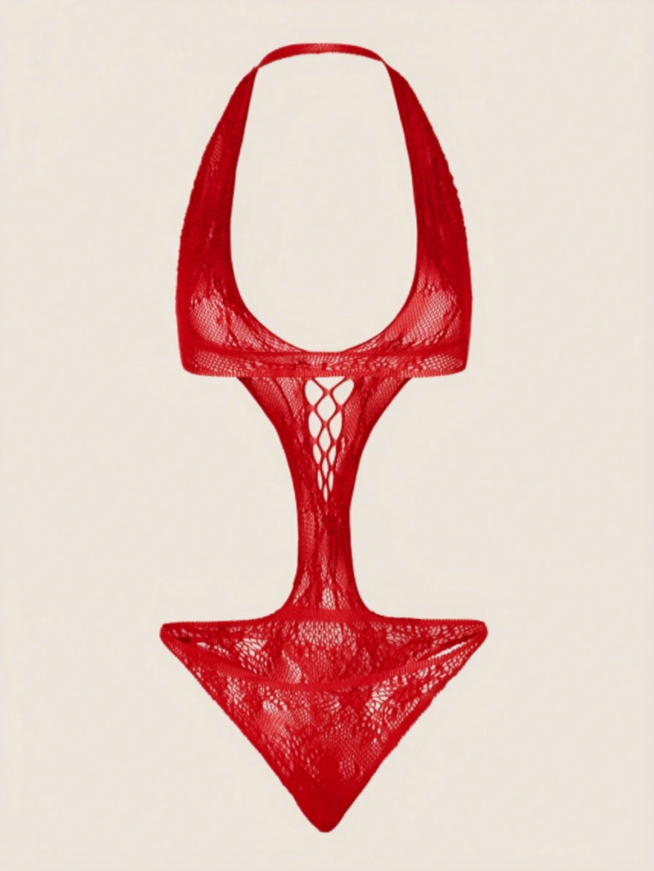 Women's halter bikini lingerie with hollow out detail, backless design, adjustable straps, sheer fabric, and wireless construction in a 1-piece style.