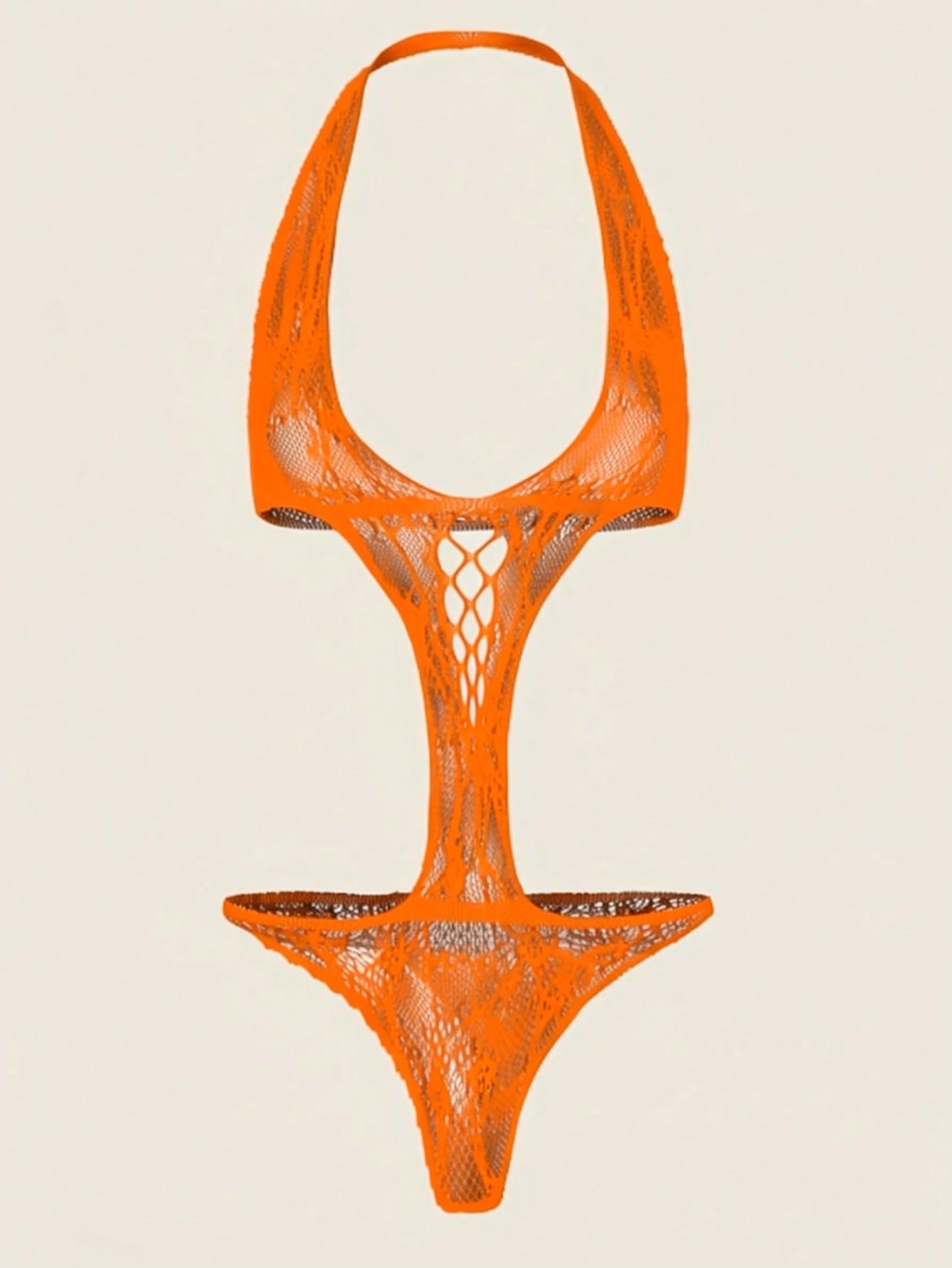 Women's halter bikini lingerie with hollow out detail, backless design, adjustable straps, sheer fabric, and wireless construction in a 1-piece style.