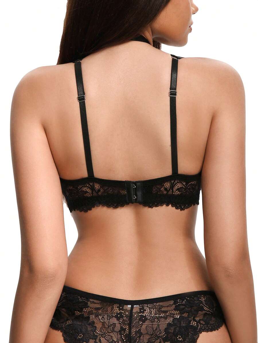 Black sheer floral lace balconette bra featuring heart design details, underwire push-up support, and adjustable straps.